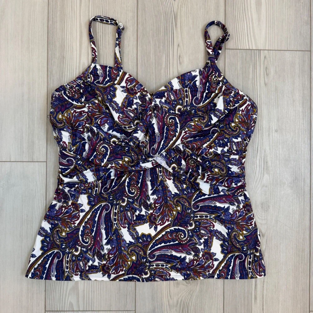Lands End Paisley Tankini Top Blue Burgundy Twisted Sweetheart Swimwear 18W